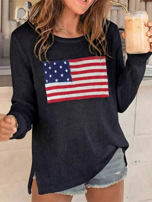 American Flag Long Sleeve Sweater in White, model styling view