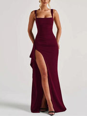 Burgundy ruffled high-slit maxi gown with square neckline and spaghetti straps.