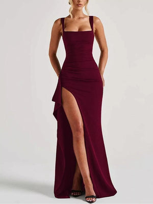 Burgundy ruffled high-slit maxi gown with square neckline and spaghetti straps.
