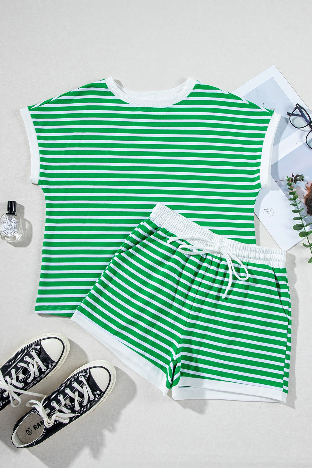 Green and white striped cotton loungewear set with t-shirt and drawstring shorts