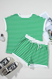 Green and white striped cotton loungewear set with t-shirt and drawstring shorts