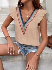 Khaki flutter sleeve blouse with embroidered V-neck trim and ruffle sleeves.