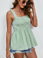 Light green gingham peplum tank top with smocked bodice and square neckline.