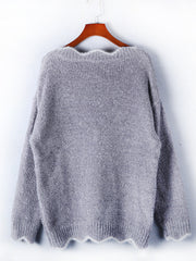 Grey acrylic knit sweater with scalloped trim V-neck and hem