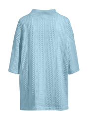 Sky blue casual knit v-neck two-piece set with cable knit texture and short sleeves.