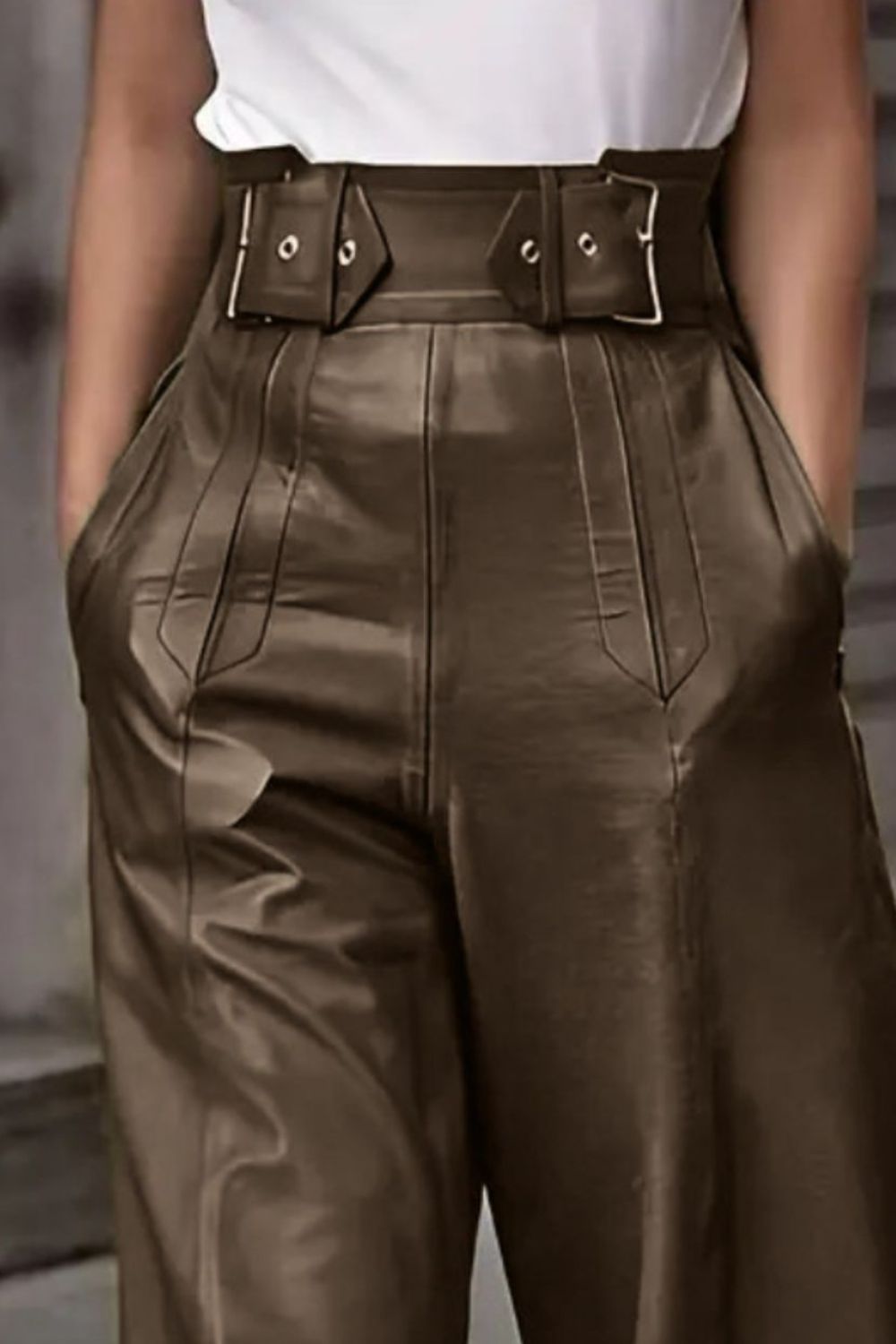 Chocolate wide-leg leather pants with buckle belt and pleats