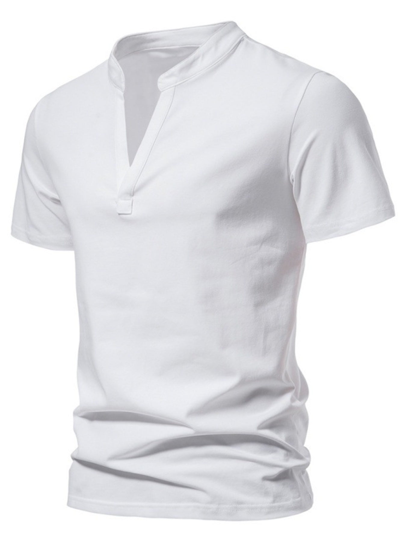 Men's white short sleeve cotton t-shirt with a deep V-neck and band collar.