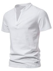 Men's white short sleeve cotton t-shirt with a deep V-neck and band collar.