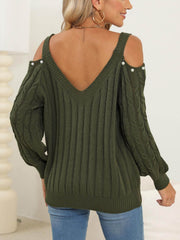 Army green cable knit sweater with cold shoulder and button detail