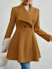 Mustard draped collar flare-hem coat with double-breasted buttons and a chic silhouette.