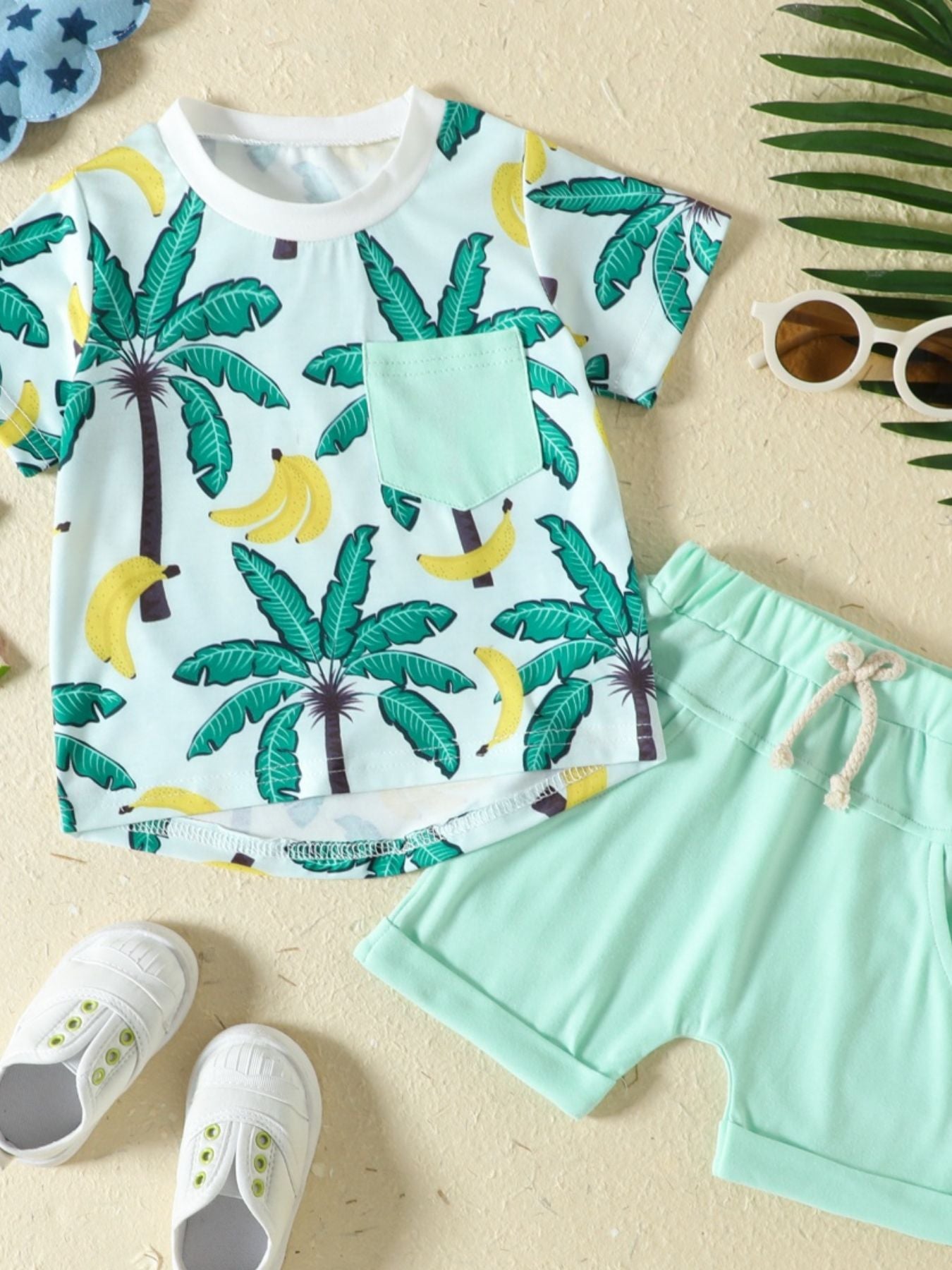 Baby set with banana palm print top and light green shorts, crew neck, cotton blend