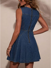 Denim A-line dress with decorative buttons and a back zipper.