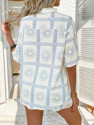 Patchwork print resort shirt & shorts set in white with blue sunburst and Greek key pattern.