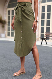 Olive asymmetric midi skirt with tie waist and button front
