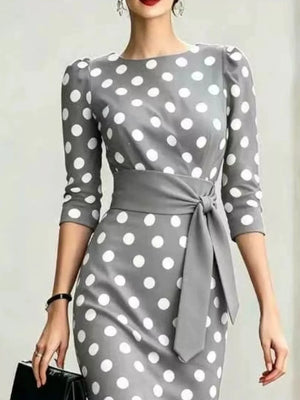 Full Size Polka Dot 3/4 Sleeve Midi Dress, editorial view