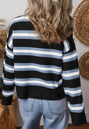 Retro stripe knit cardigan in black with blue and white stripes.