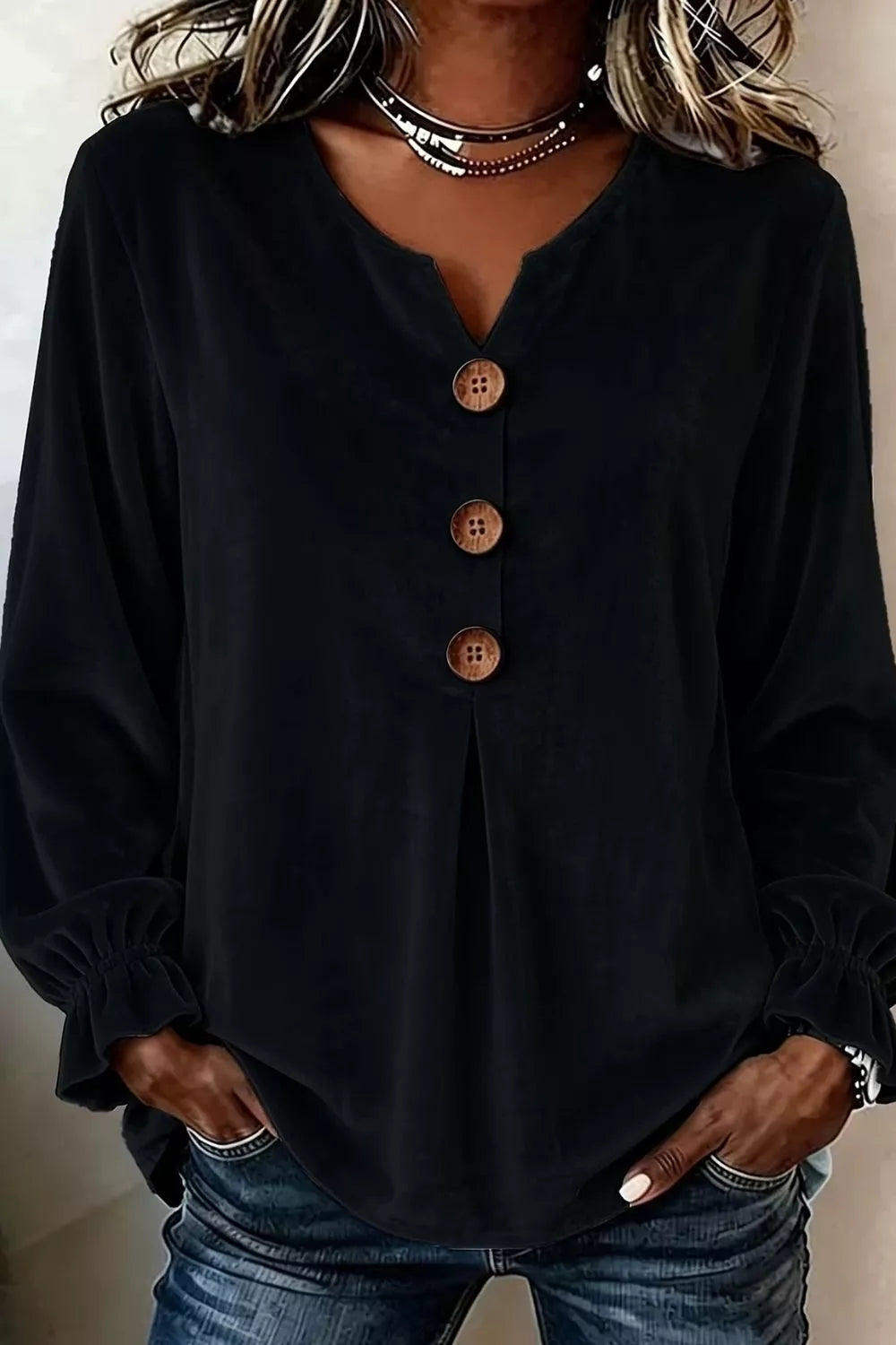 Velvet Button Decor Blouse With Ruffled Cuffs in Black, alternate angle