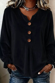 Velvet Button Decor Blouse With Ruffled Cuffs in Black, alternate angle