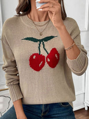 Khaki knit jumper with red cherry motif, crew neck, long sleeves, casual fit