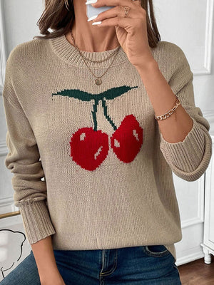 Khaki knit jumper with red cherry motif, crew neck, long sleeves, casual fit