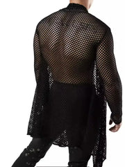 Black mesh panel long sleeve cardigan with a relaxed fit and open front.