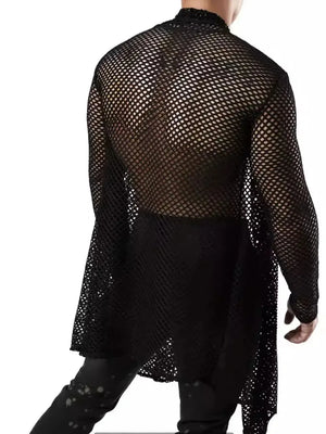Black mesh panel long sleeve cardigan with a relaxed fit and open front.