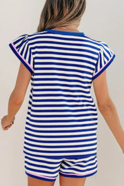 Blue and white striped polyester two-piece set with ruffle sleeves and pink trim.