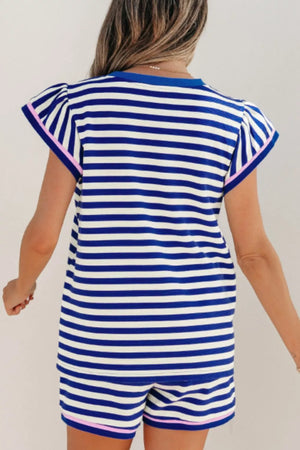 Blue and white striped polyester two-piece set with ruffle sleeves and pink trim.