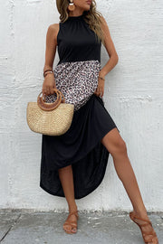 Black halter dress with leopard print panel and ruffled neckline