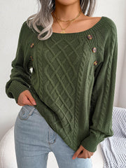Army green cable-knit sweater with buttoned shoulder detail and a wide neckline.