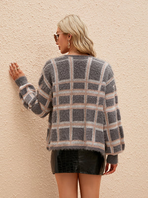 Textured plaid balloon sleeve cardigan in light gray with fuzzy finish and pink accents.