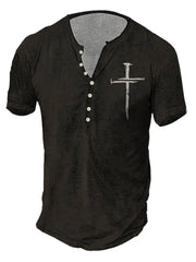 Black cotton blend henley t-shirt with a white cross print on the chest.