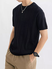 Men's black ribbed crew neck tee, short sleeves, lightweight cotton blend.