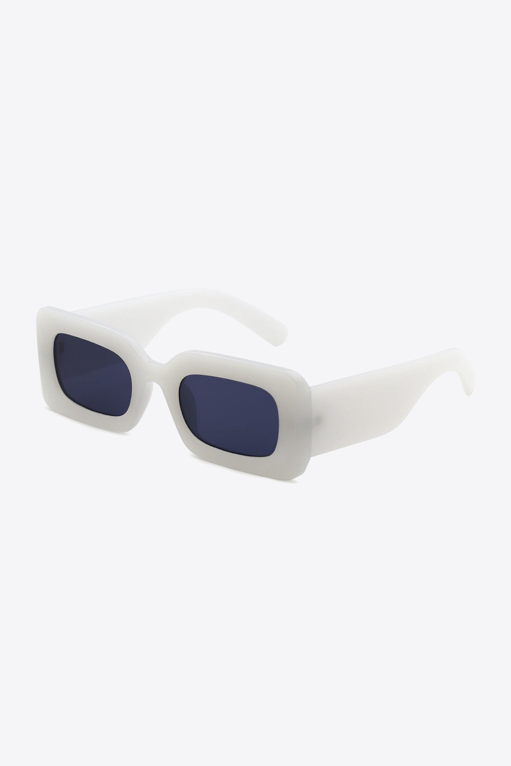 White acetate rectangle sunglasses with dark lenses and thick frames.