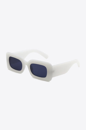 White acetate rectangle sunglasses with dark lenses and thick frames.