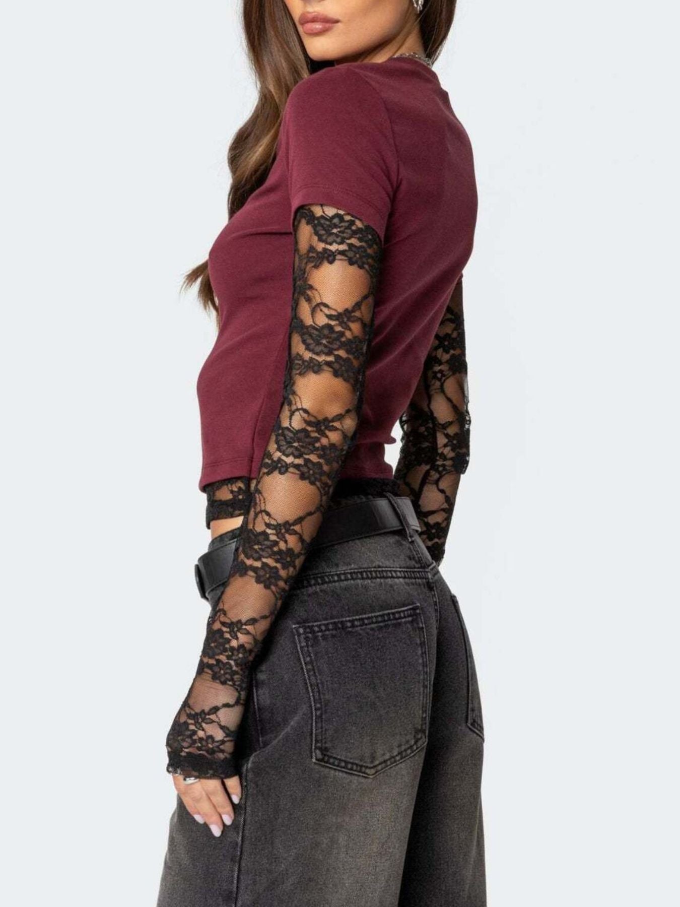 Wine red fitted t-shirt with black lace sleeves and crew neck.