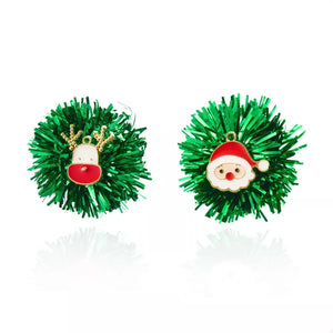 Green tinsel ball earrings with Santa and reindeer charms, 18k gold accents.