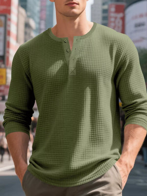 Men's Army Green Waffle Knit Henley T-Shirt with button placket