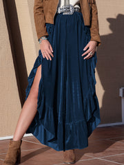 Dark blue velvet palazzo pants with ruffle trim and high slit
