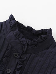 Navy cotton blend toddler dress with ruffle collar and button front detail.