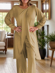 Camel draped overlay palazzo co-ord set with long sleeves and wide-leg pants.