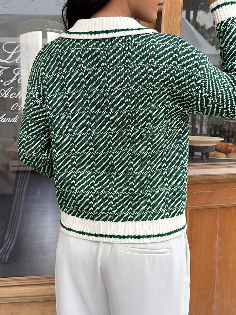 Geometric Patterned Collared Sweater in Green, fabric detail