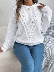 White chevron knit detail sweater with crew neck and long sleeves.