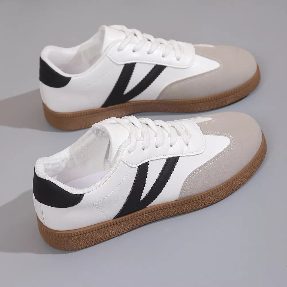 Round Toe Lace Up Sneakers in White, model styling view