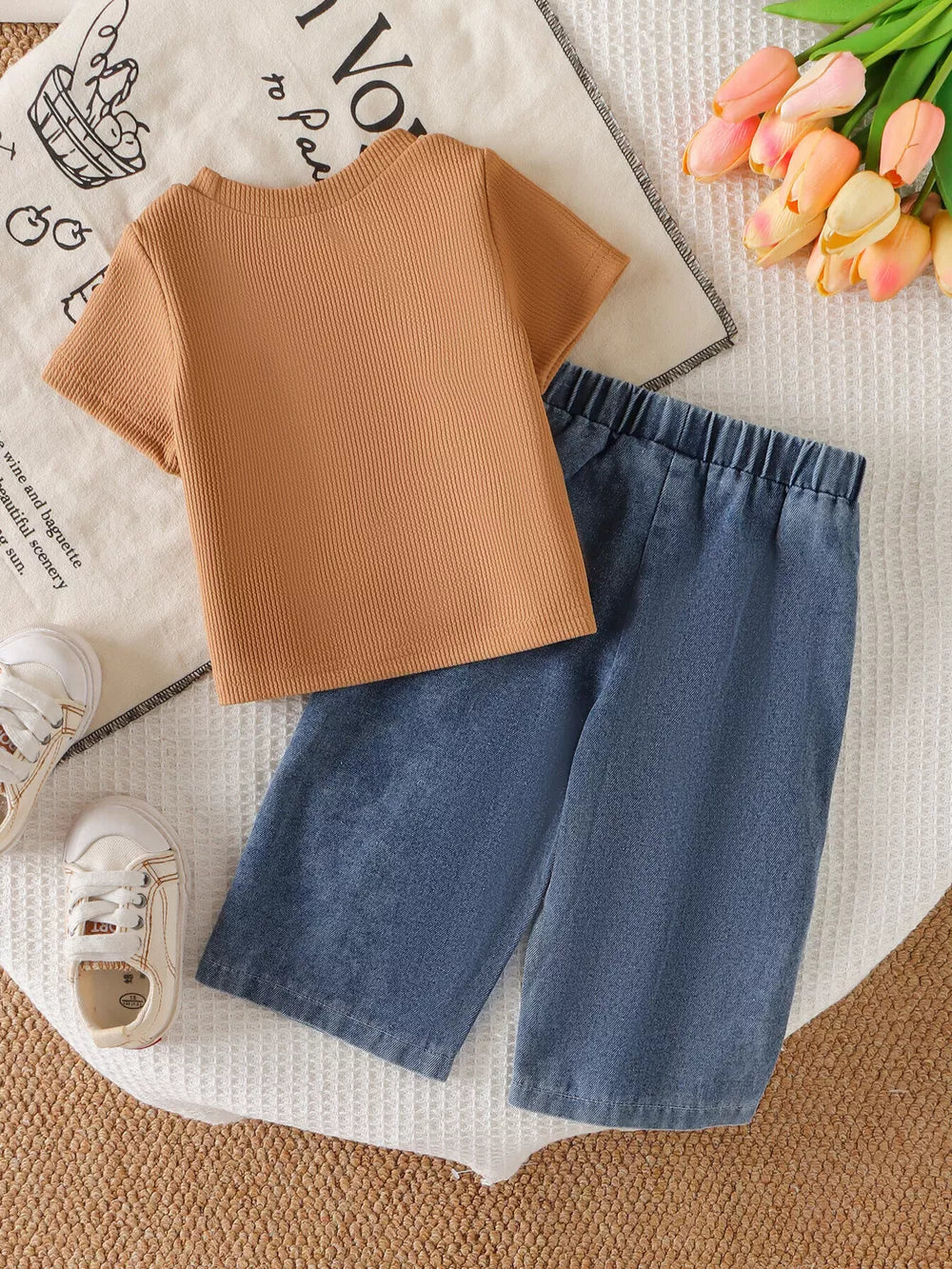 Children's Round Neck Top And Flower Jeans Set in Dark Brown, alternate angle