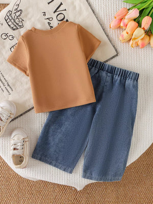 Children's Round Neck Top And Flower Jeans Set in Dark Brown, alternate angle