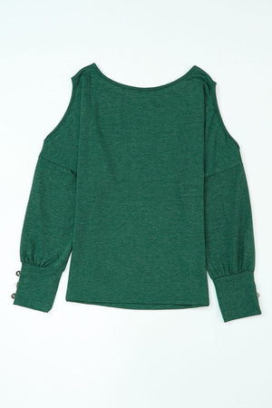 Dark green cold shoulder top with button cuffs and long sleeves
