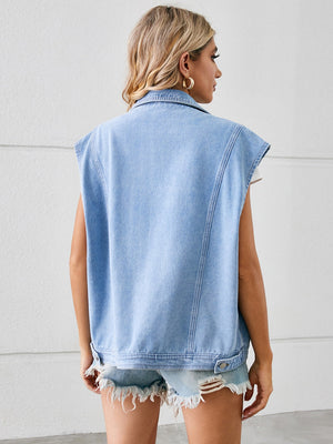 Light blue denim sleeveless blazer vest with collar and frayed hem.