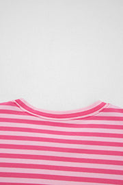 Pink and hot pink striped cotton crew neck top with button detail