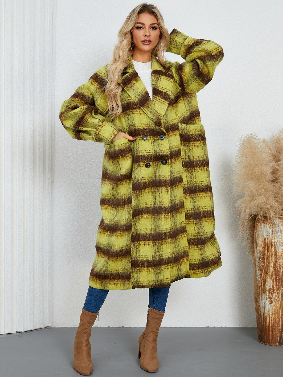Checked plaid oversized cocoon coat in lime with brown stripes, featuring a double-breasted closure and wide lapels.